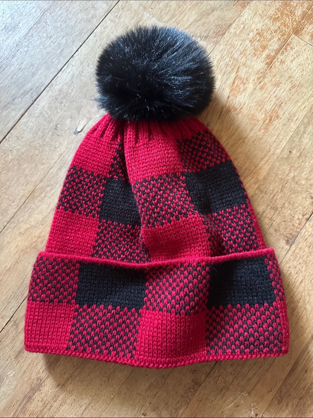 Red and Black Buffalo Check Pom Beanie